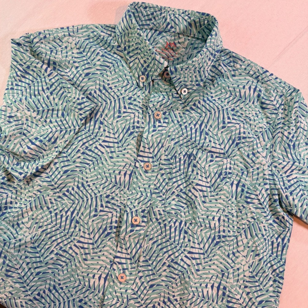 Southern Tide Button Down Shirt Boys L Blue Palm Print Performance Coastal Beach